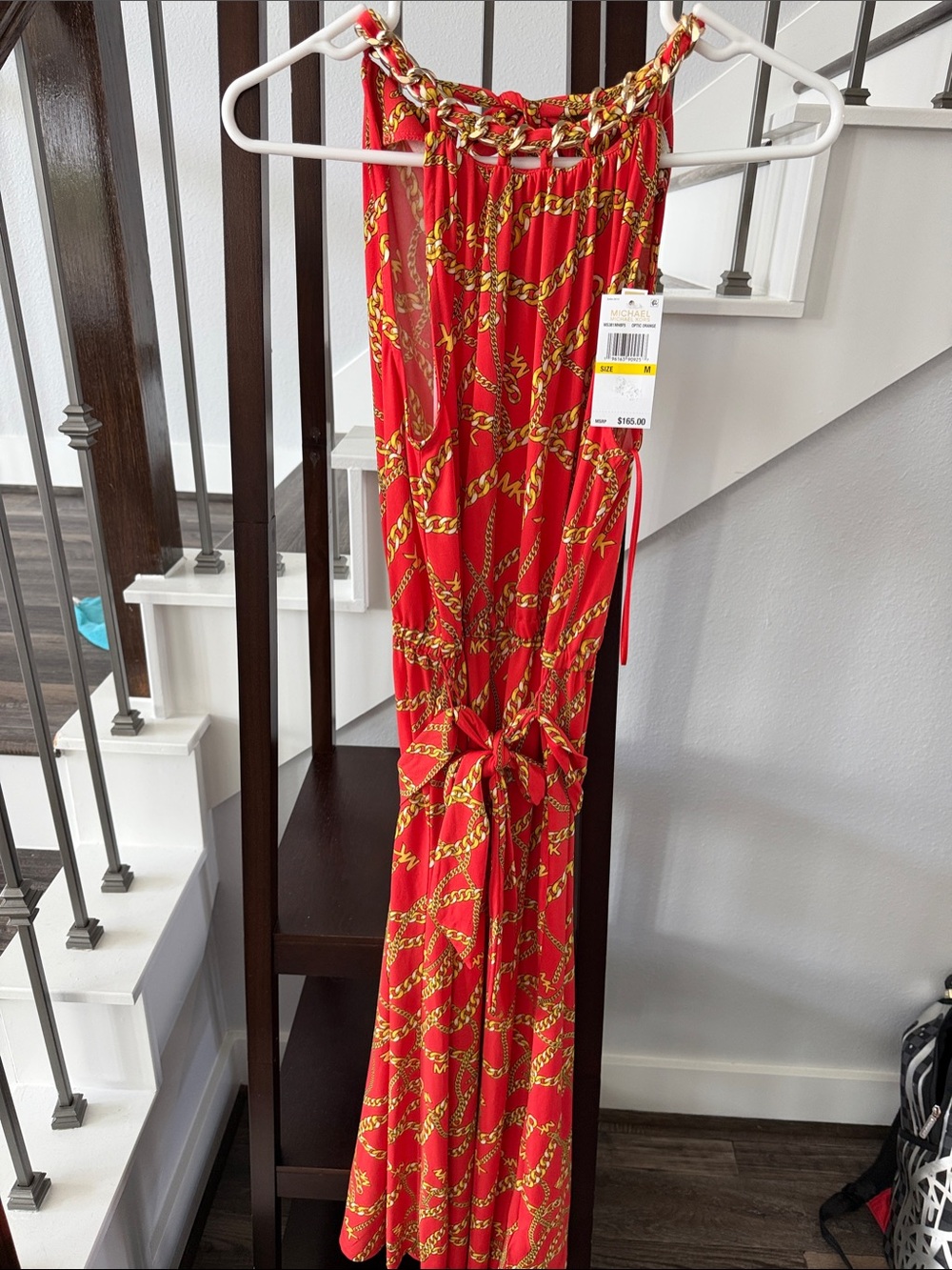 Michael Kors optic orange and gold Chain-Print Sleeveless Maxi Dress Medium